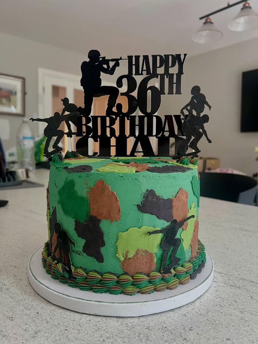 Camouflage 36th cake by Just In Cakes Co. Hand painted camouflage buttercream with a silhouette topper.
