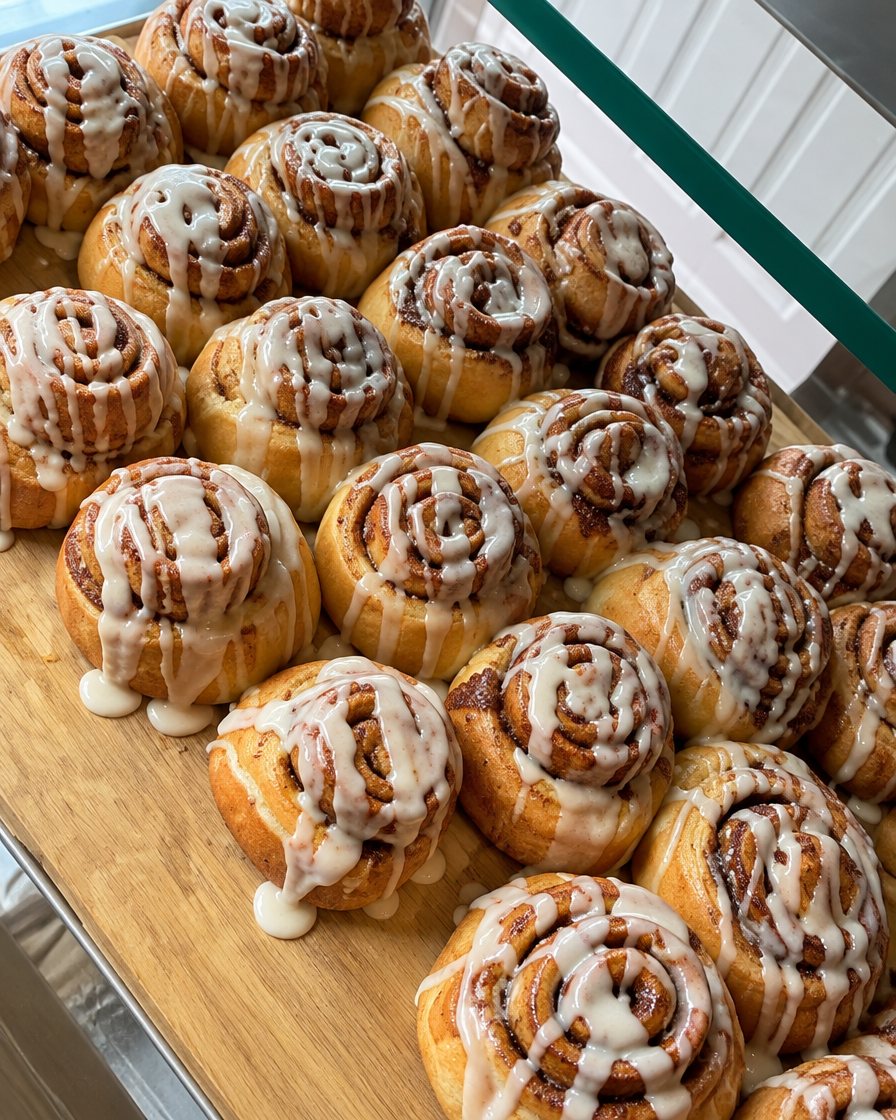 Tray of glazed cinnamon rolls