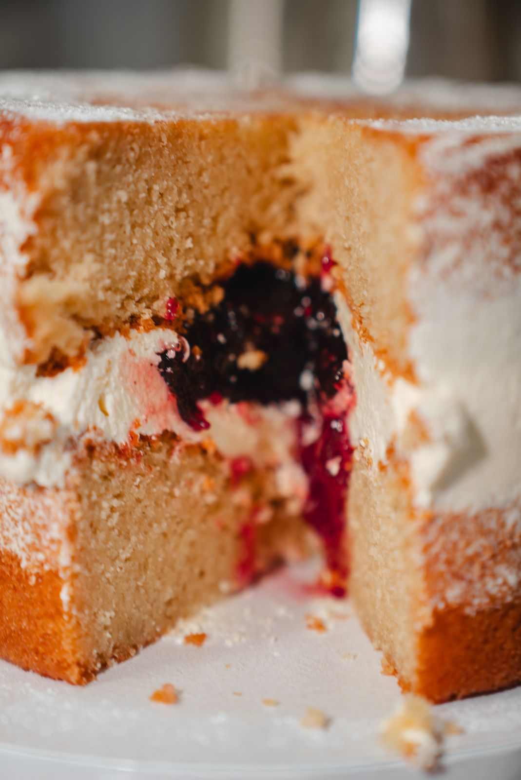 A layered sponge cake on the bakery counter