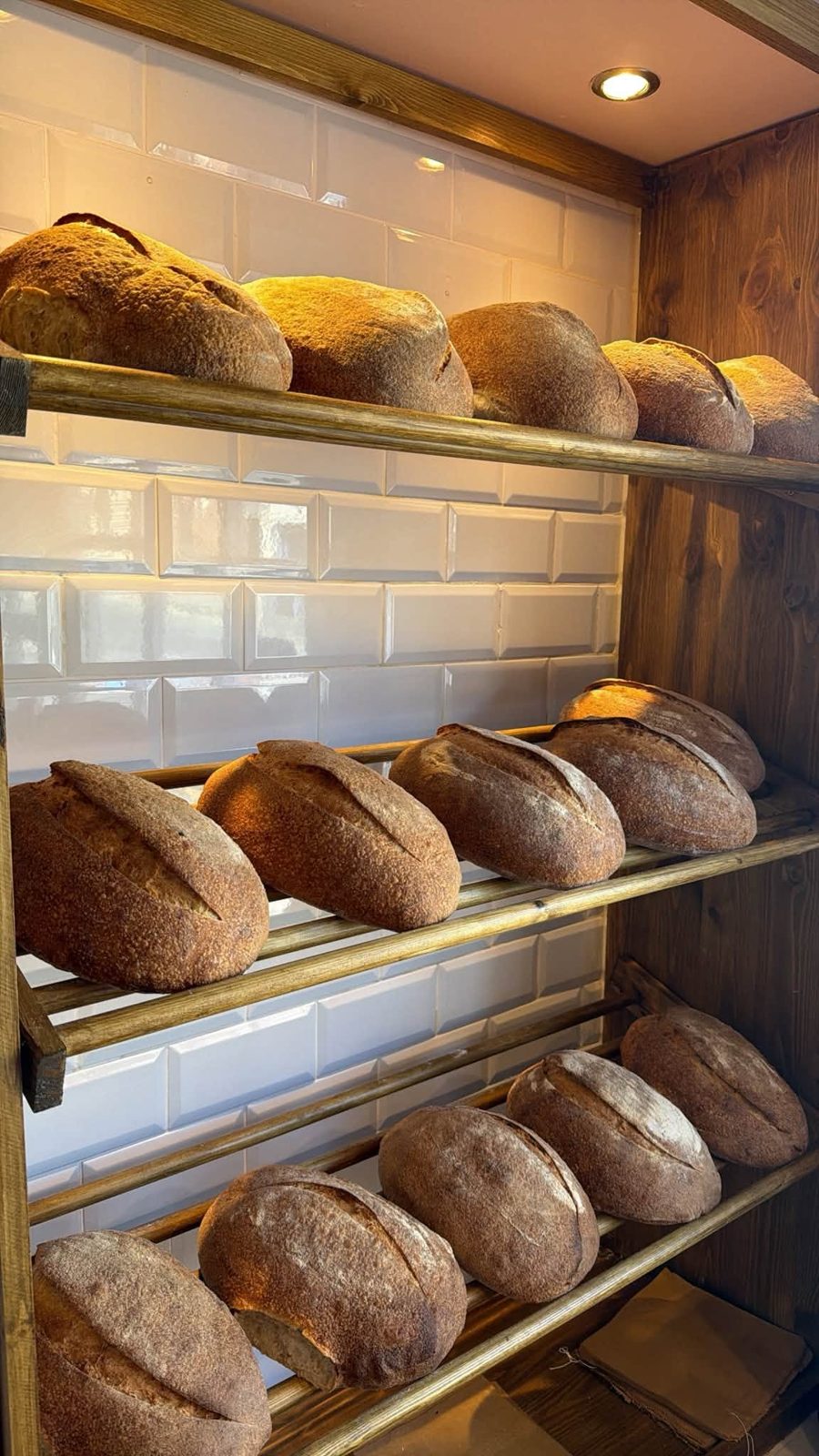 Sourdough loaves cooling on the wooden shelves